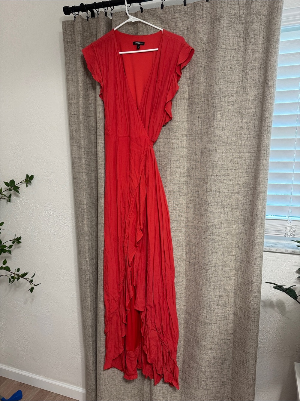 Express Red Wrap Maxi Dress with Ruffle Details